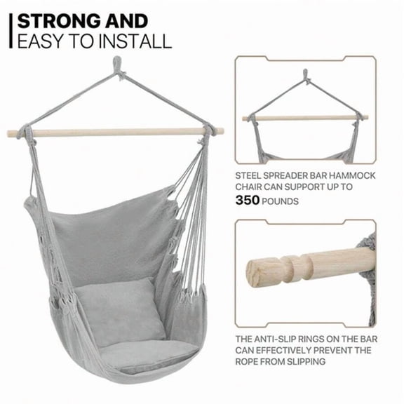 Hammock Chair Hanging Rope Swing W/2 Cushions, Boho Macrame Hanging Chair Max 350 Lbs Capacity W Pocket, Hardware Kit Included