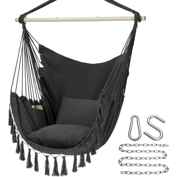 Hammock Chair Hanging Rope Swing with Cushions, 500 Lb Capacity, Cotton Polyester Weave, Dark Grey