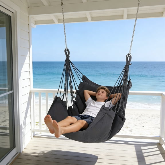 Hammock Chair Hanging Rope Swing with Spreader Bar, Heavy Duty Canvas Double Seat for Indoor Outdoor Bedroom Patio Backyard