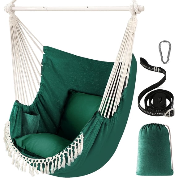 Hammock Chair Hanging Swing 500 Lb Capacity with Metal Spreader Bar Anti-Slip Grooves Portable Indoor Outdoor Dark Green 130x100cm