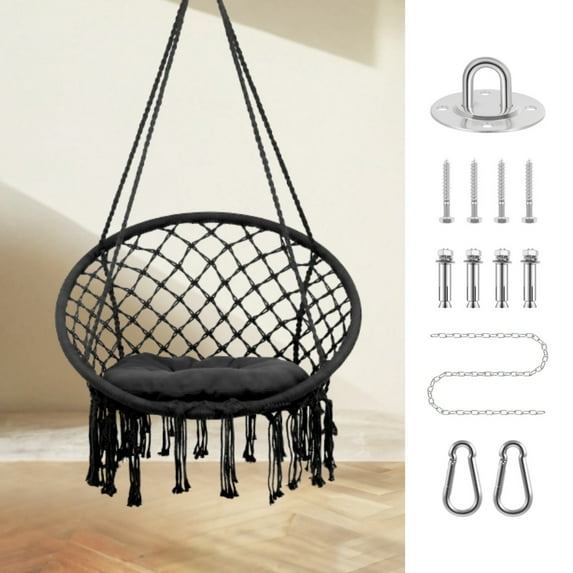 Hammock Chair, Hanging Swing with Macrame and Cushion, Hanging Cotton Rope Chair for Indoor Outdoor Porch, Yard, or Garden , Black