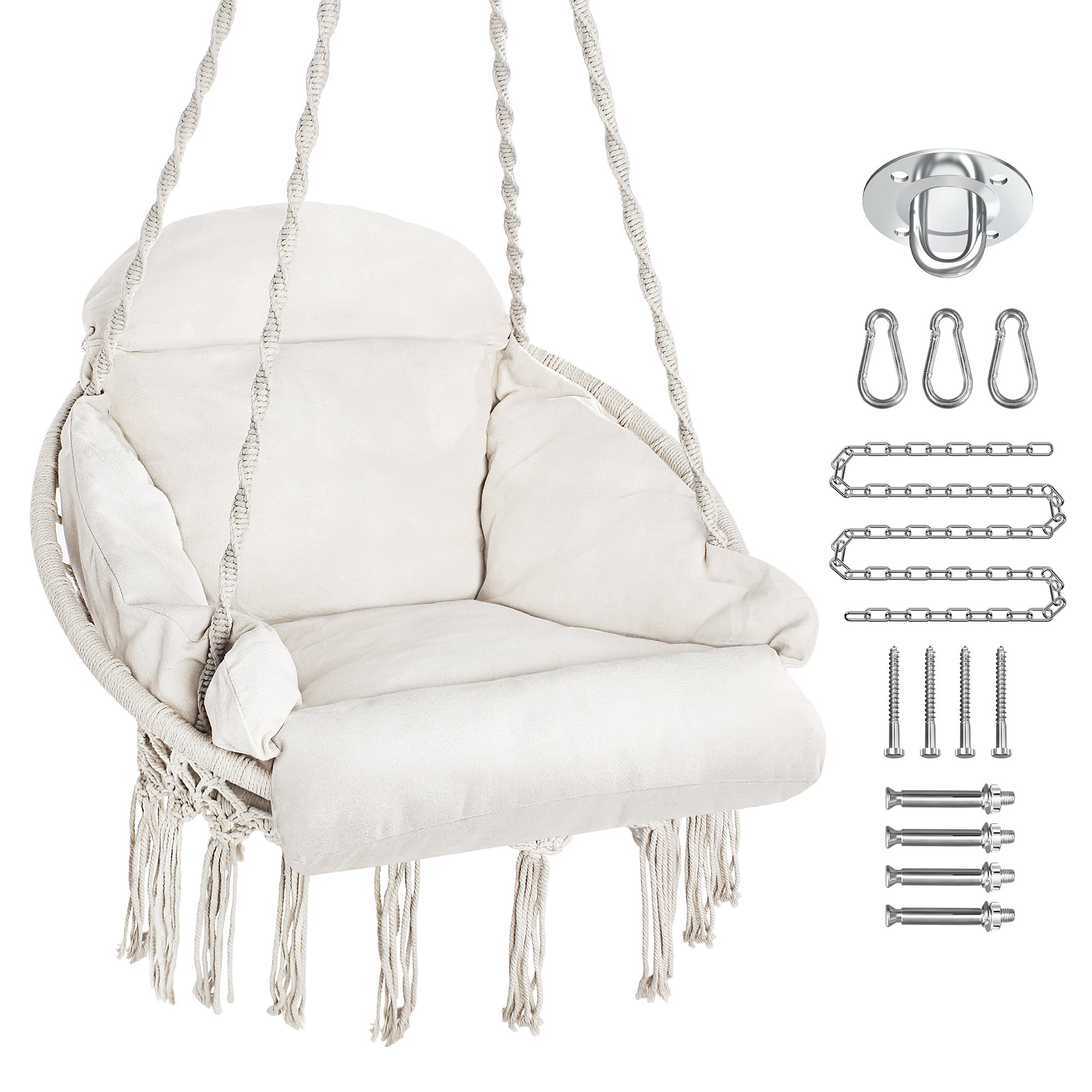 Hammock Chair with Hardware Kit, Macrame Hanging Chair Swing for Bedroom with Heavy Duty Hanging Kit for Ceiling, Cotton Rope Chairs for Indoor Outdoor, Idea Birthday Gifts for Girls Lover - image 1 of 6