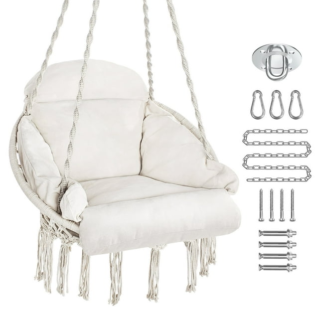 Hammock Chair with Hardware Kit, Macrame Hanging Chair Swing for Bedroom with Heavy Duty Hanging Kit for Ceiling, Cotton Rope Chairs for Indoor Outdoor, Idea Birthday Gifts for Girls Lover