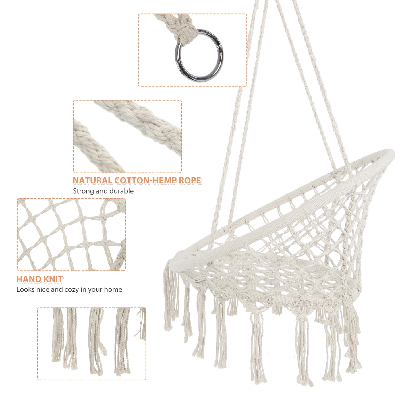 Patio Watcher Hammock Chair Hanging Macrame Swing with Cushion and Hardware Kits Max 330 Lbs Handmade Knitted Mesh Rope Swing Chair for Indoor