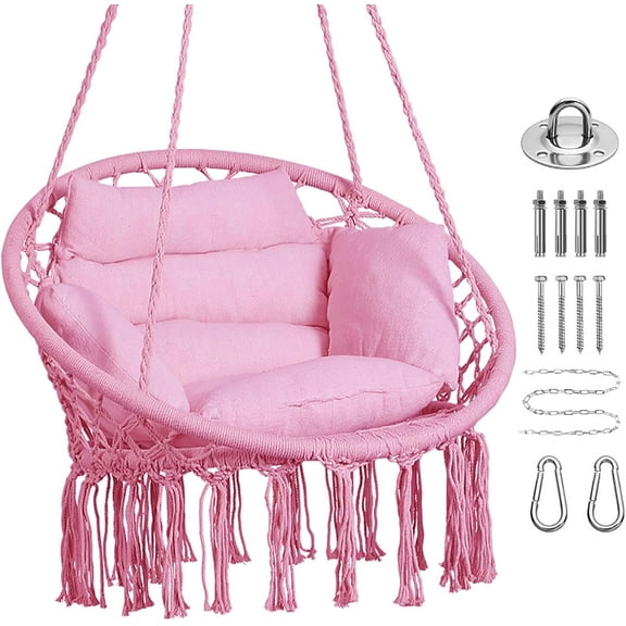 Hammock Chair, Macrame Hanging Swing Chairs with Cushion and Hardware Kit,Adult Boho Swings for Outside,Patio,Balcony,Bedroom (Pink)