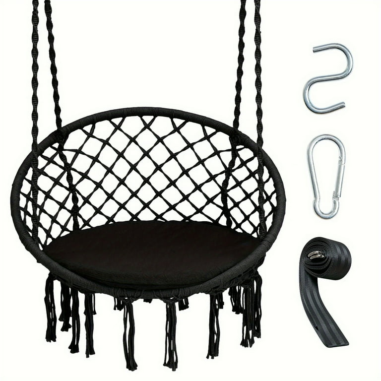 Hammock Chair Macrame Swing Hanging Chair with Cushion and Hardware Kit 330 LBS Weight Capacity Indoor Swing for Hammock Stand Patio Balcony Living Room Hammock Swing Black Walmart