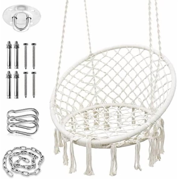 Hammock Chair Macrame Swing, Upgraded Max 550 Lbs Hanging 100% Cotton Rope with Stainless Steel Hardware Kits for Indoor and Outdoor Use (Beige)$$Garden &