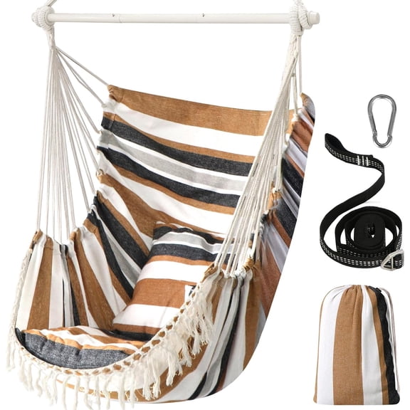 Hammock Chair Max 500 Lbs 2 Cushions Spreader Bar Strap Carabiner | Collapsible Metal Rod with Anti-Slip Grooves Portable Hanging Swing Side Pocket Macrame Bohemian Chair Indoor Outdoor Graden