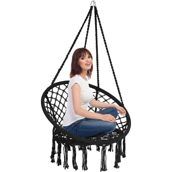 Hammock Chair, Outdoor Macrame Swing Chair w/Backrest & Metal Hoops, Cotton Rope Handwoven Hanging Chair for Bedroom, Balcony, Backyard & Garden, 330LBS Capacity
