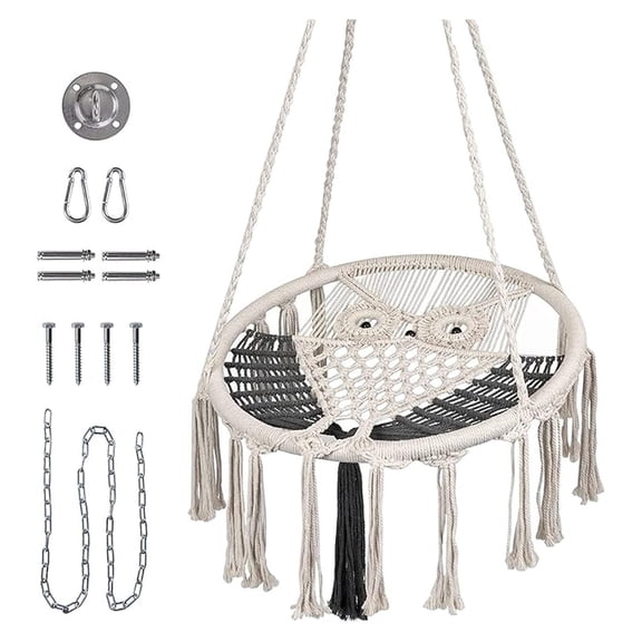 Hammock Chair Owl Hanging Chair, Macrame Swing Chair for Indoor Outdoor, 31.9'' Knitted Rope Chair for Bedroom Patio Garden Large