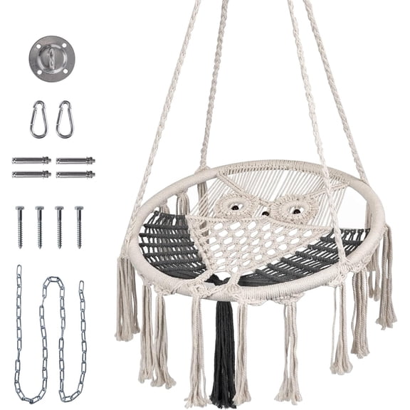 Hammock Chair, Owl Macrame Swing with Hardware Kits, Knitted Mesh Rope Swing Chair for Indoor, Outdoor, Bedroom, Patio, , Small (Width 24 in)