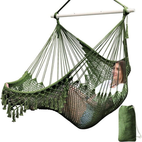 Hammock Chair Super Large Hanging Chairs Soft-Spun Cotton Rope Woven Chair, Collapsible Strong Metal Spreader Bar Wide Seat Lace Stretch Swing Chairs Indoor Outdoor Garden Yard Theme Decoration