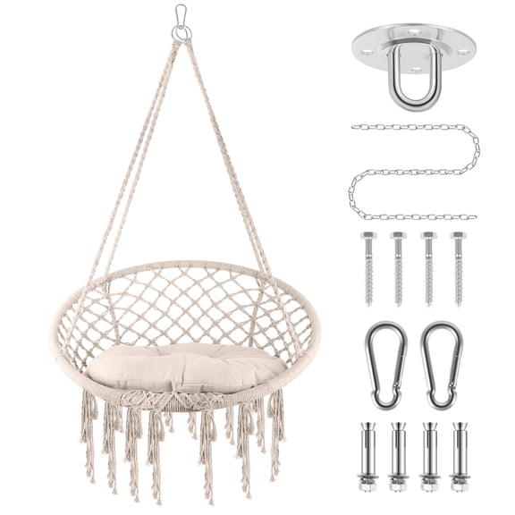 Hammock Chair Swing, 330 Lbs Capacity Macrame Hanging Swing Chairs with Cushion and Hardware Kit, Swing Chair Hanging Cotton Rope Swing Chair for Home Bedroom, Deck