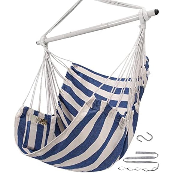 Hammock Chair Swing (500 lbs Max) - Hanging Hammock Chair Rope Swing Indoor for Bedroom, Outdoor, Patio, Bedroom, Porch, Deck - Sturdy Steel Bar with Anti-Slip Safety Rings