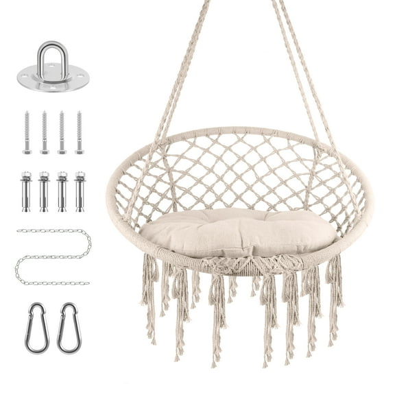 Hammock Chair, Swing Hammock Chair with Cushion and Hardware Kit,Adult Boho Swings for Outside,Patio,Balcony,BedroomBeige