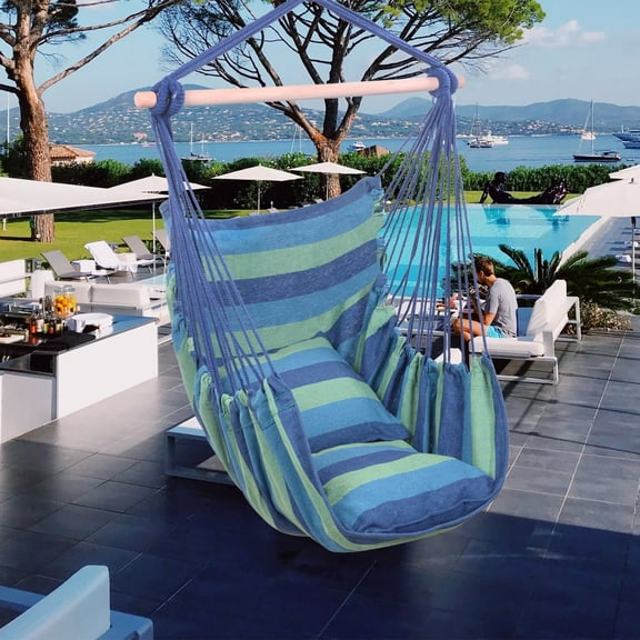 Hammock Chair Swing, Hanging Rope Net Chair with Two Pillows, Outdoor Porch Patio Yard Seat