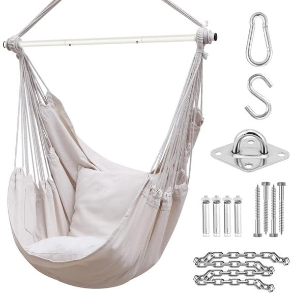 Hammock Chair Swing with Hardwares, Portable Hanging Chairs with Cushions Installation Kit Detachable Metal Support Bar Side Pocket for Indoor Outdoor Patio Bedrooms Teen Girls Room Decor