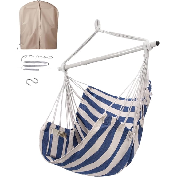 Hammock Chair Swing Heavy-Duty Hanging Rope Seat 500 Lb Capacity 51 In L X 39 In W Cover Blue And White