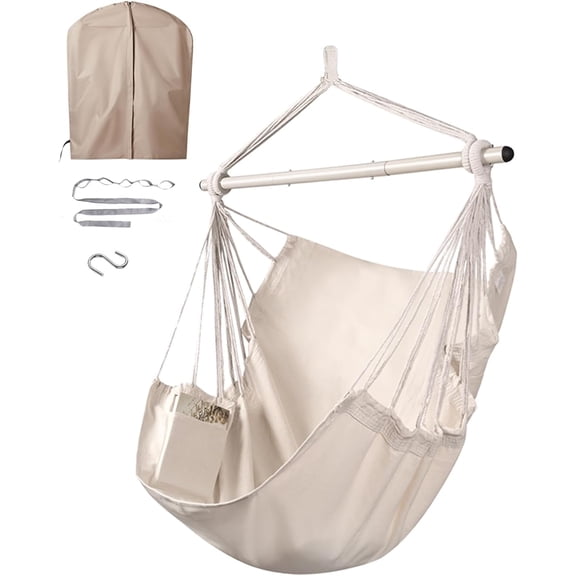 Hammock Chair Swing Heavy-Duty Rope Seat 500 Lb Capacity 51"L x 39"W Cover and White