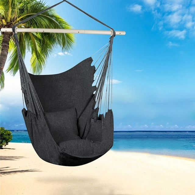 Hammock Chair Swing, Relax Hanging Rope Swing Chair with Detachable Support Bar, 2 Seat Cushions & Carry Bag, Soft Cotton Hammock Chair Swing Seat for Yard Bedroom Patio Porch Indoor Outdoor