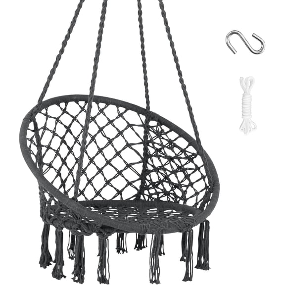 Hammock Chair Swing with Side Pocket, Hanging Cotton Rope Hammock Swing Chair for Indoor and Outdoor Use, 330 lbs Capacity, Beige