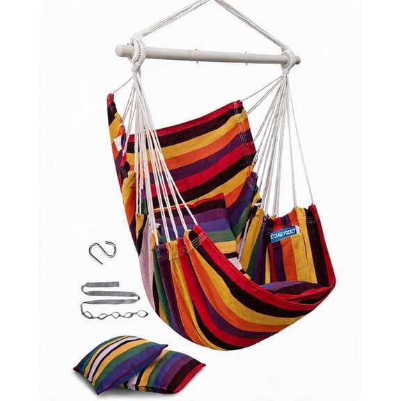 Hammock Chair Swing with Steel Bar Indoor Outdoor 500 Lb Capacity 51"L x 39"W Rainbow Color Includes Carabiner Tree Strap and 2 Cushions