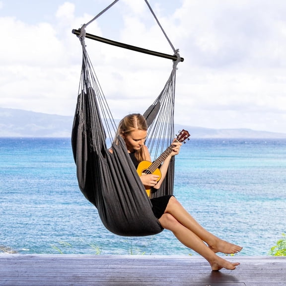 Hammock Chair Swing with Steel Support Bar, Side Pocket, Large Hanging Chair Outdoor, Max 450lbs Capacity, Dark Gray