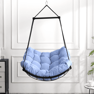 Hammock Chair Swing with Thick Cushion, Sturdy Steel Bar Hammock Chair with Anti-Slip Safety Rings, for Indoor, Outdoor, Patio, Max 270Lbs, Blue
