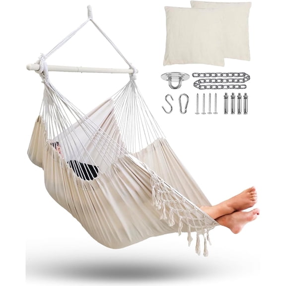Sunyear Hammock Chair XXL Macrame Hanging Chair - 500lb Capacity Indoor Outdoor Swing Chair with Steel Spreader Bar & Complete Hanging Kit, 2 Cushions
