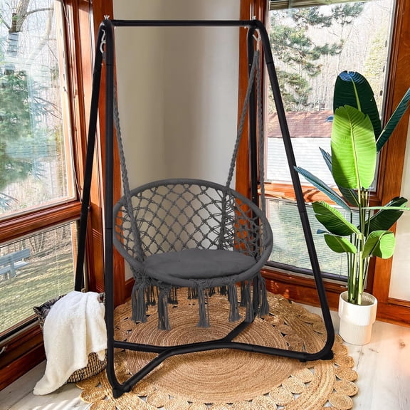 Hammock Chair with Stand Included, Heavy Duty Hanging Chair with Stand, 330 lbs Capacity, Patent Pending, Grey