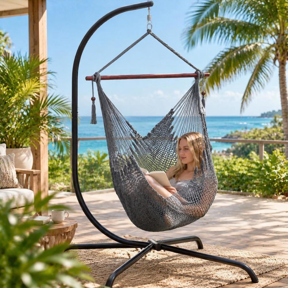 Hammock Chair, with metal spreader bar, woven polyester rope, gray ...
