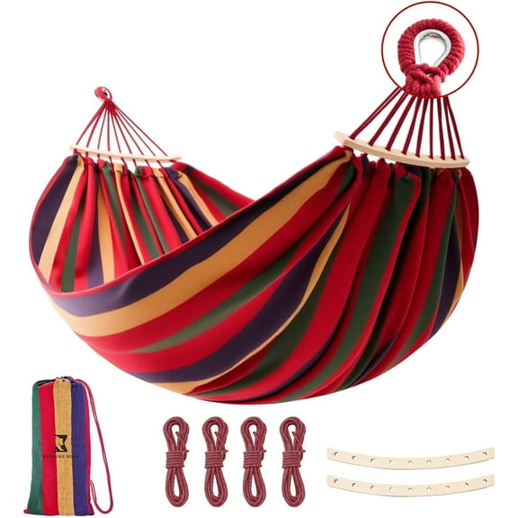 Hammock, Cotton Canvas Hammock Portable Camping with Carrying Bag Two Anti Roll Balance Beam Metal Carabiner Ropes and Tree StrapsSuit for Indoor,Yard,Camping,Outdoor-Rainbow