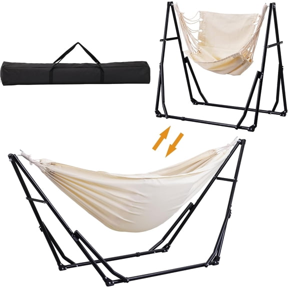 Hammock with Foldable Stand, 2 in 1 Hammock and Swinging Chair with Carrying Bag, Portable Camping Chair Suitable for Outside, Swing,Patio,Garden,Camping Trip Beige