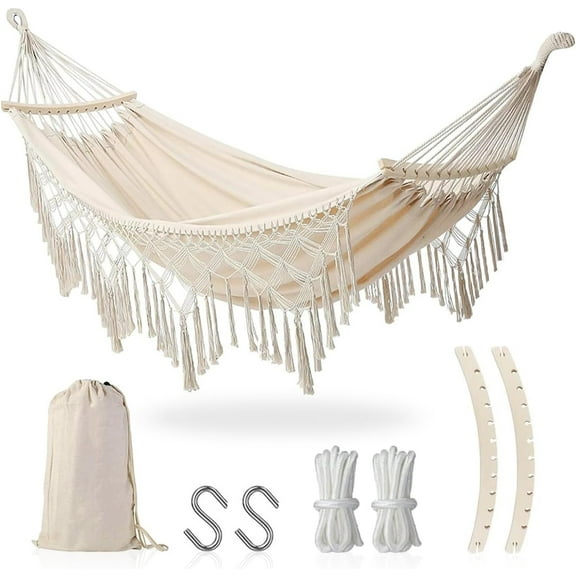 Hammock Garden Outdoor Hanging Chair Boho Hanging Hammock with Fringe and Bag and Crossbar, Hanging Hammocks Load 440lbs, Portable Garden Hammocks for Outdoor Indoor Balcony Patio