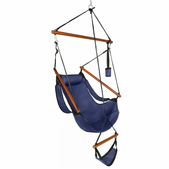 Hammock Hanging Sky Chair, Air Deluxe Swing Seat with Rope Through The Bars, Indoor and Outdoor Air Swing Seat with Oxford Cloth& Hardwood,Cup Holder for Patio, Bedroom or Tree (Blue)