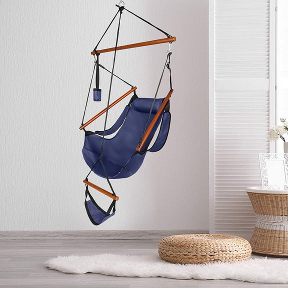 Hammock Hanging Sky Chair with Pillow and Drink Holder - Blue Cotton Swing Seat for Indoor Outdoor
