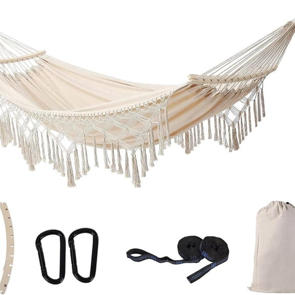 Hammock Hanging Swing Double Max 500lbs Macrame for Indoor Outdoor Patio Yard Garden (Beige)