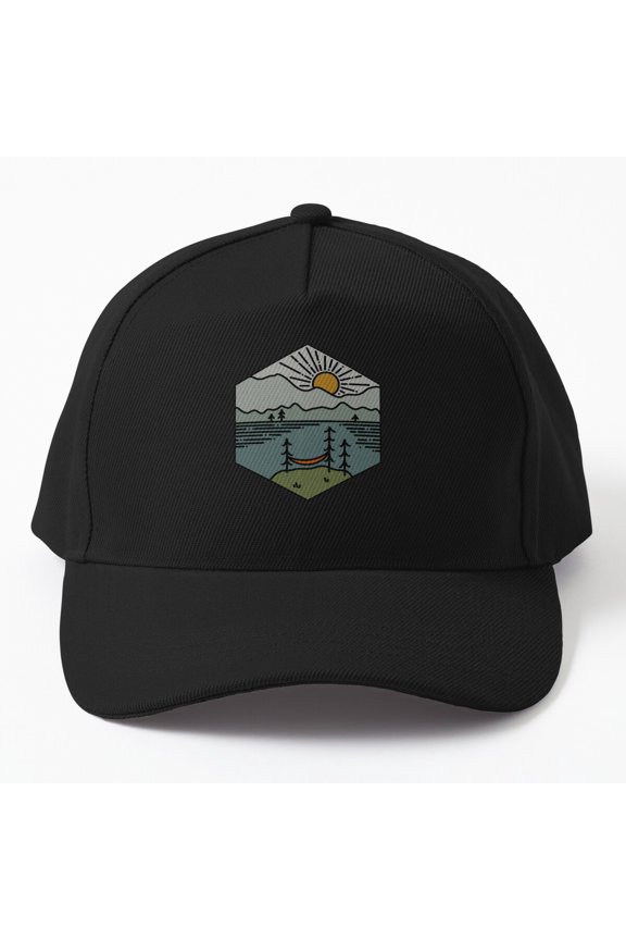 Hammock Mountain Sunrise Baseball Cap, Outdoor Relaxation Landscape Graphic Design, Classic Hat