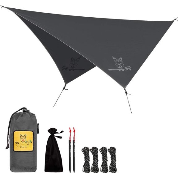 Hammock Rain Fly - Camping Tarp Cover with Tent Stakes & Carry Bag, Ultralight Shelter for Backpacking & Outdoor Shade