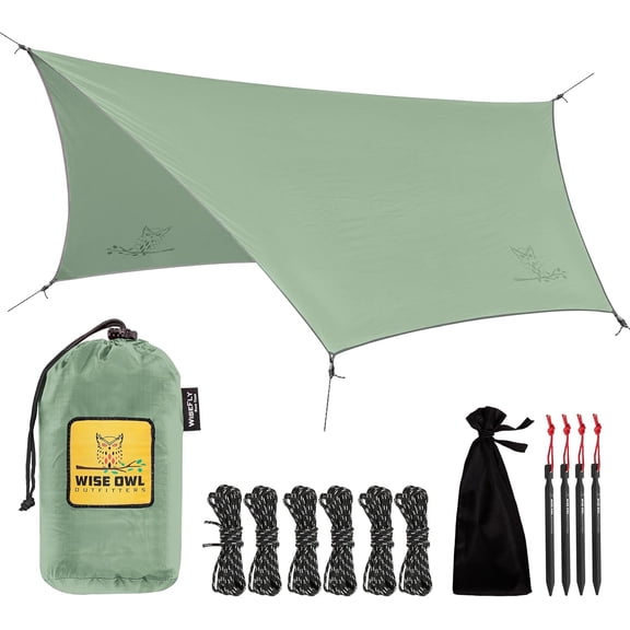 Hammock Rain Fly Waterproof Camping Tarp Cover with Tent Stakes & Carry Bag, Ultralight Shelter for Backpacking Outdoor Shade