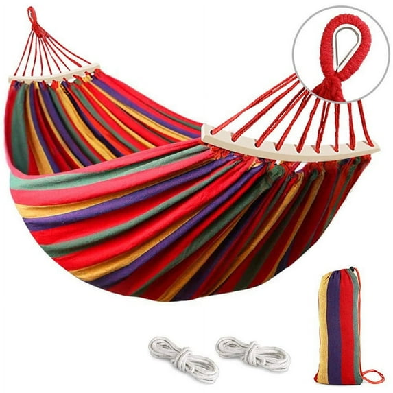 Hammock for Single Person, Garden Canvas Hammock , Portable Hammock with Hanging Ropes & Carry Bag & Wood Stick, for Camping Outdoor/Indoor Patio Backyard,Rainbow Stripes