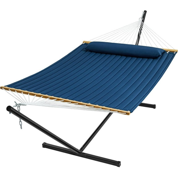 Hammock with Stand, 2 Person Quilted Outdoor Hammock, Detachable Pillow & Bamboo Spreaders, Portable Hammock with Carrying Bag, Heavy Duty Stand, Perfect for Outside, Patio, Navy Blue