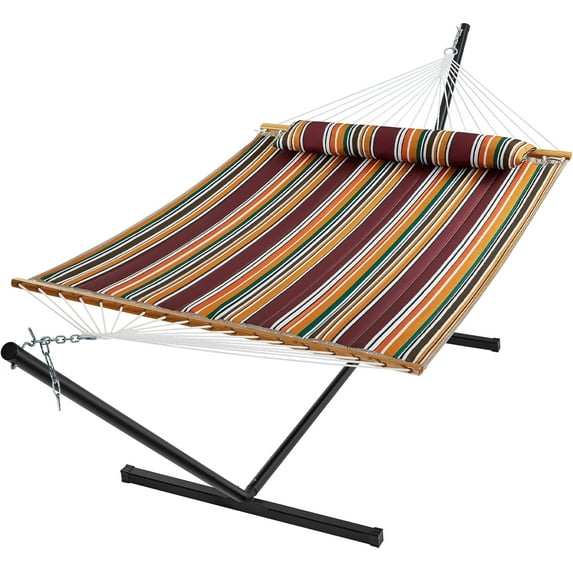 Hammock with Stand, 2 Person Quilted Outdoor Hammock, Detachable Pillow & Bamboo Spreaders, Portable Hammock with Carrying Bag, Heavy Duty Stand, Perfect for Outside, Patio, Maple-Leaf Red