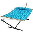 thumbnail image 1 of Hammock with Stand, 2 Person Quilted Outdoor Hammock, Detachable Pillow & Bamboo Spreaders, Portable Hammock with Carrying Bag, Heavy Duty Stand, Perfect for Outside, Patio, Aqua Blue, 1 of 17