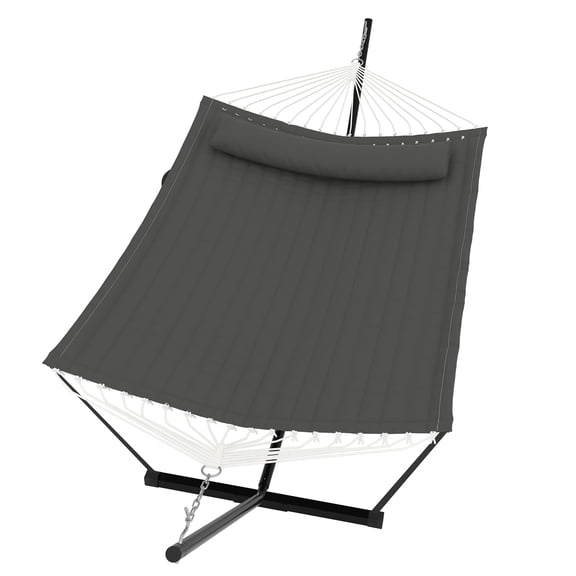 Hammock with Stand, 2 Person Quilted Outdoor Hammock,Detachable Pillow & Bamboo Spreaders, Portable Hammock,Heavy Duty Stand, Perfect for Outside, Patio,Grey