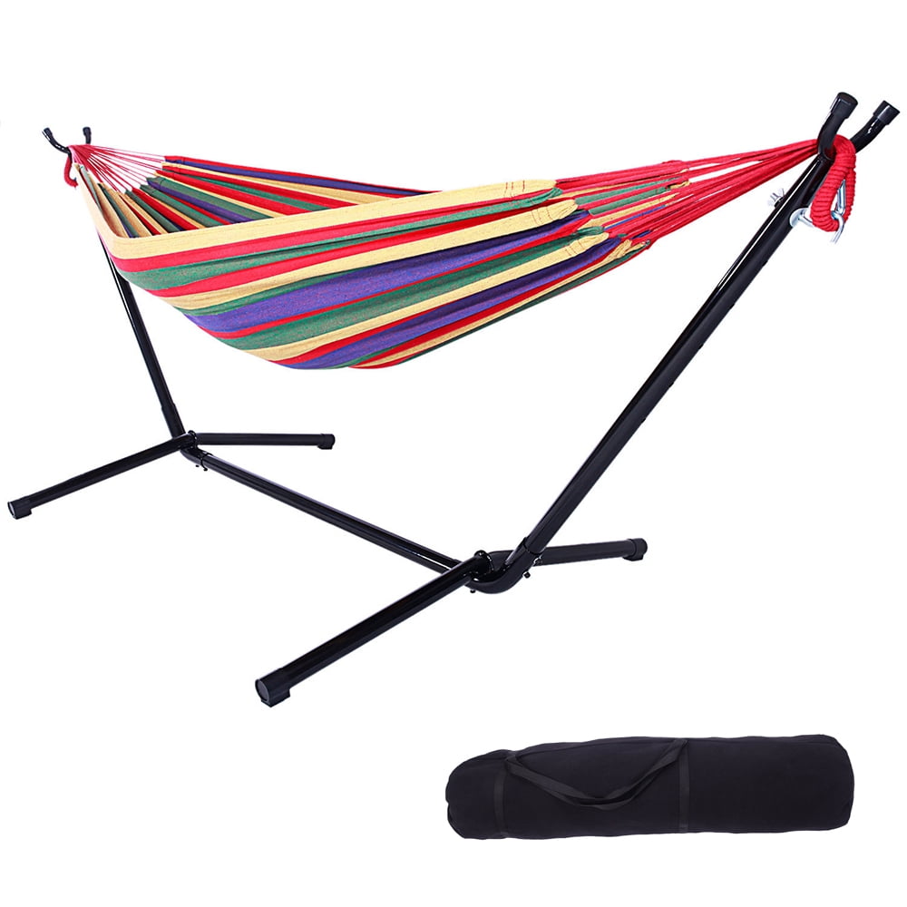 Hammock with Stand, Brazilian Style Hammock Bed with 8.6ft Heavy Duty Steel Stand and Carrying Bag, Portable Double Hammock for Patio Balcony Deck Indoor Outdoor, Max Load 330lbs, Easy Set Up, K2197