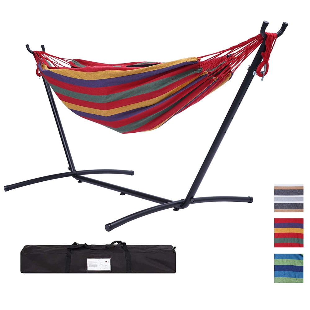 Hammock with Stand, Brazilian Style Hammock Bed with 9.3ft Heavy Duty Steel Stand and Carrying Bag, Portable Double Hammock for Patio Balcony Deck Indoor Outdoor, Max Load 450lbs, Easy Set Up, K3380