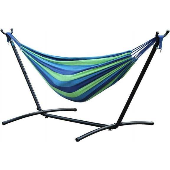 Hammock and Stand Heavy Duty Portable Solid Steel Stand with Carrying Case Adjustable 9Ft Indoor-Outdoor 2 Person Large Weather Resistant Hammock Stands for Backyard Decor Bed Patio Lawn Garde, Blue