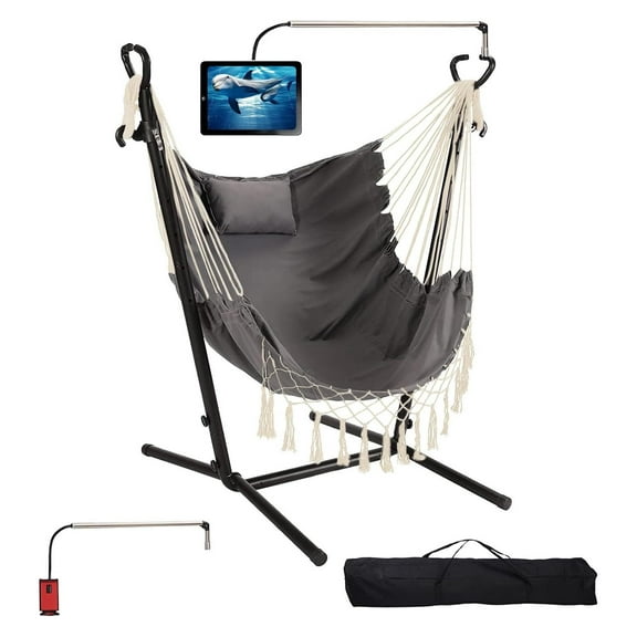 Hammock with Stand Included Heavy Duty Double Swing Chair Outdoor/Indoor w. Pillow & Cellphone/Tablet Holder Macrame Handmade Adjustable Portable Confortable Patio Yard Porch Chair 400lbs Capacity