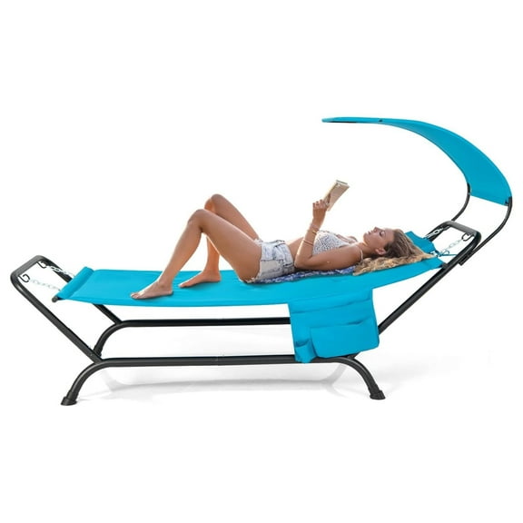Hammock with Stand Included, Heavy Duty Outdoor Hammock with Adjustable Canopy, Rustproof Metal Stand, Pillow, Storage Pocket, Hammock Bed with Stand for Backyard Lawn Poolside (Blue)